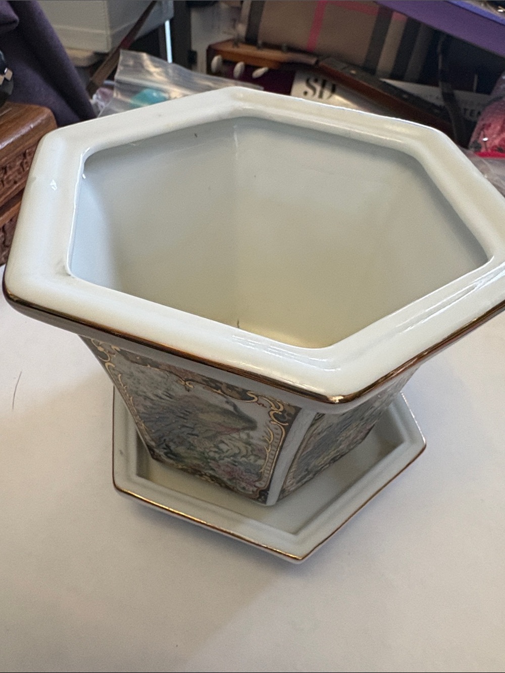 Vintage  Hexagonal Peacock Porcelain Planter With Drainage Tray - Picture 3 of 7